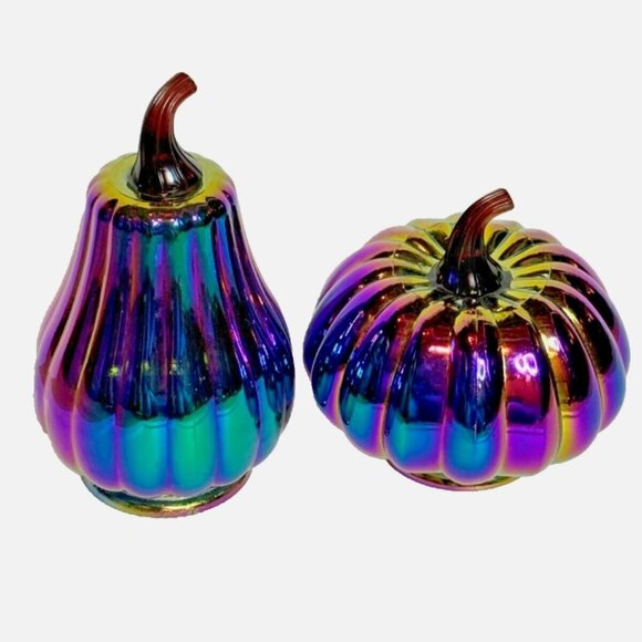 2 Piece Set Halloween Gothic Iridescent Rainbow Glass Pumpkins - Picture 1 of 11